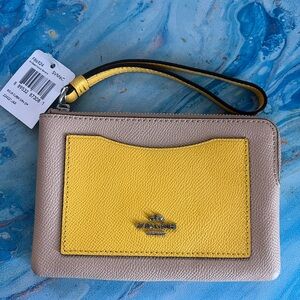 NWT Coach Yellow and Beige Wristlet with Textured Leather